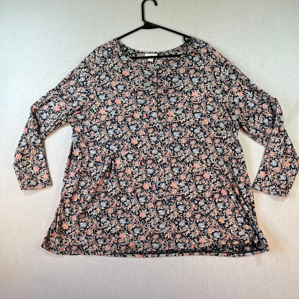 J Jill Top XL Floral Henley Long Sleeve Petite Blue Pink Cotton Blend Stretch